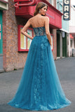 Peacock Blue Strapless Corset Applique Prom Dress