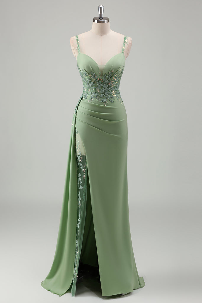 Leely Women Light Green Bodycon Prom Dress with Slit Spaghetti Straps