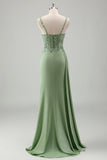 Light Green Applique Satin Bodycon Prom Dress with Slit
