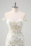 Light Green Off the Shoulder Corset Applique Prom Dress with Slit