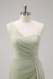 Sage One Shoulder Satin Mermaid Bridesmaid Dress with Slit