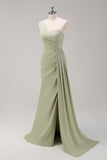 Sage One Shoulder Satin Mermaid Bridesmaid Dress with Slit