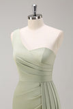 Sage One Shoulder Satin Mermaid Bridesmaid Dress with Slit