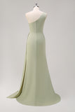 Sage One Shoulder Satin Mermaid Bridesmaid Dress with Slit