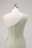 Sage One Shoulder Satin Mermaid Bridesmaid Dress with Slit
