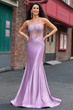 Lilac Strapless Corset Beaded Mermaid Satin Prom Dress