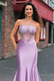Lilac Strapless Corset Beaded Mermaid Satin Prom Dress