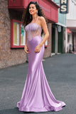 Lilac Strapless Corset Beaded Mermaid Satin Prom Dress