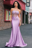 Lilac Strapless Corset Beaded Mermaid Satin Prom Dress