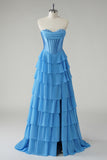 Yellow Sweetheart Corset Tiered A-Line Prom Dress with Slit