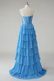 Yellow Sweetheart Corset Tiered A-Line Prom Dress with Slit