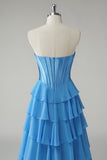 Yellow Sweetheart Corset Tiered A-Line Prom Dress with Slit