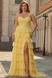 Yellow Sweetheart Corset Tiered A-Line Prom Dress with Slit