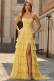 Yellow Sweetheart Corset Tiered A-Line Prom Dress with Slit