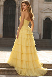 Yellow Sweetheart Corset Tiered A-Line Prom Dress with Slit