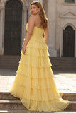 Yellow Sweetheart Corset Tiered A-Line Prom Dress with Slit
