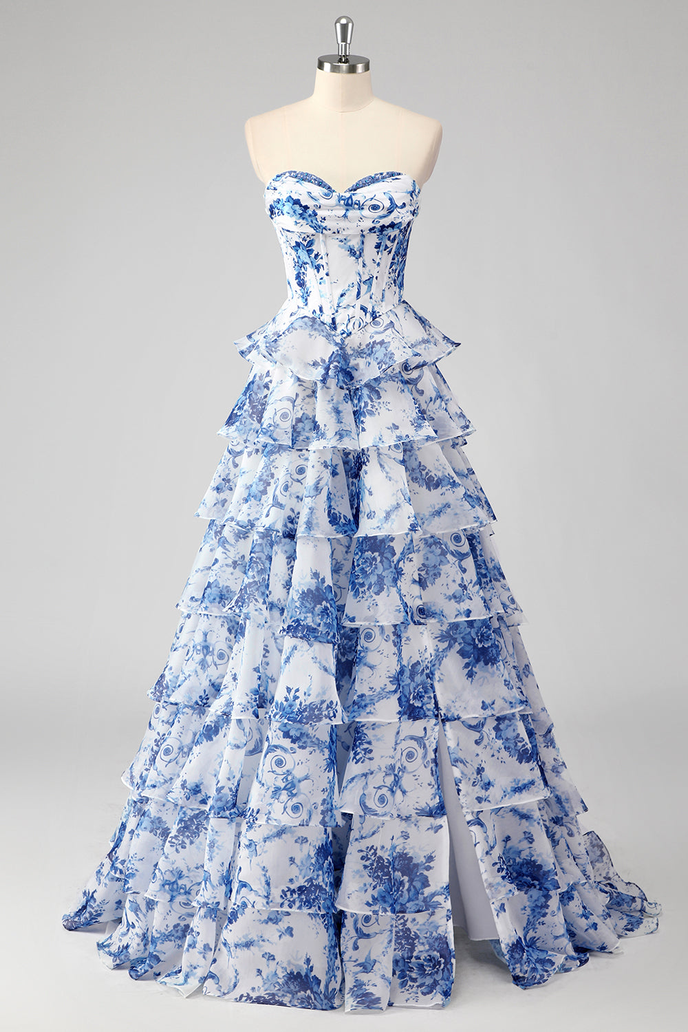Leely Women Blue Strapless Corset Floral A-Line Prom Dress with Slit Sweetheart Tiered Long Formal Dress leelyuk Leely Women Blue Strapless Corset Floral A-Line Prom Dress with Slit Sweetheart Tiered Long Formal Dress leelyuk