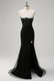 Royal Blue Spaghetti Straps Corset Beaded Mermaid Prom Dress with Slit