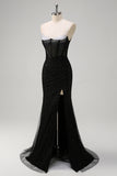 Royal Blue Spaghetti Straps Corset Beaded Mermaid Prom Dress with Slit