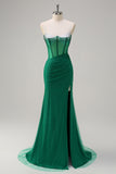 Royal Blue Spaghetti Straps Corset Beaded Mermaid Prom Dress with Slit
