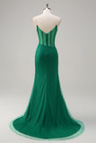 Royal Blue Spaghetti Straps Corset Beaded Mermaid Prom Dress with Slit
