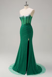 Royal Blue Spaghetti Straps Corset Beaded Mermaid Prom Dress with Slit