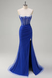 Royal Blue Spaghetti Straps Corset Beaded Mermaid Prom Dress with Slit