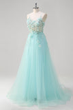 Green Applique Sequined Tulle A-Line Prom Dress