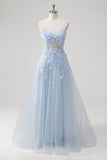 Blue Corset Applique Beaded A-Line Prom Dress with Slit
