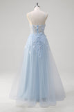 Blue Corset Applique Beaded A-Line Prom Dress with Slit