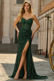 Sparkly Dark Green Sequined Applique Mermaid Prom Dress with Slit