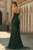 Sparkly Dark Green Sequined Applique Mermaid Prom Dress with Slit