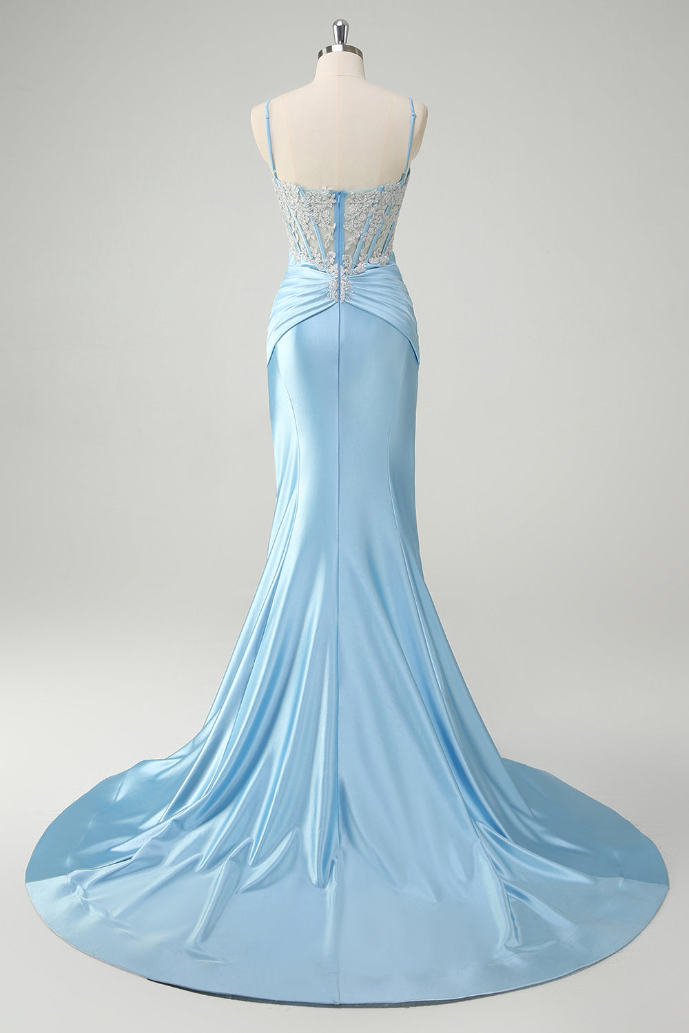 Leely Women Blue Applique Corset Mermaid Satin Prom Dress Spaghetti Straps Sweep Train Formal Dress leelyuk Leely Women Blue Applique Corset Mermaid Satin Prom Dress Spaghetti Straps Sweep Train Formal Dress leelyuk
