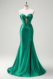 Dark Green Corset Keyhole Beaded Satin Mermaid Prom Dress with Slit