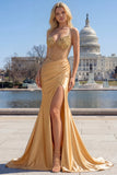 Golden Corset Beaded Mermaid Satin Prom Dress with Slit