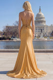Golden Corset Beaded Mermaid Satin Prom Dress with Slit