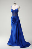 Royal Blue Spaghetti Straps Corset Mermaid Satin Prom Dress with Side Cape
