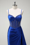 Royal Blue Spaghetti Straps Corset Mermaid Satin Prom Dress with Side Cape