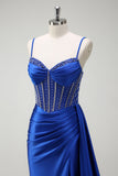 Royal Blue Spaghetti Straps Corset Mermaid Satin Prom Dress with Side Cape