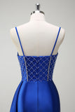 Royal Blue Spaghetti Straps Corset Mermaid Satin Prom Dress with Side Cape