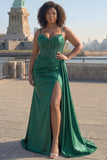 Royal Blue Spaghetti Straps Corset Mermaid Satin Prom Dress with Side Cape