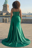 Royal Blue Spaghetti Straps Corset Mermaid Satin Prom Dress with Side Cape