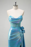 Glitter Blue Strapless Beaded Mermaid Prom Dress with Side Cape