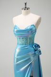 Glitter Blue Strapless Beaded Mermaid Prom Dress with Side Cape