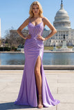 Lilac Corset Appliqued Satin Mermaid Prom Dress with Slit