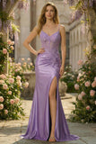 Plus Size Lilac Corset Appliqued Satin Mermaid Prom Dress with Slit