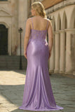Plus Size Lilac Corset Appliqued Satin Mermaid Prom Dress with Slit