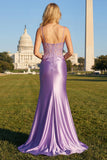 Lilac Corset Appliqued Satin Mermaid Prom Dress with Slit