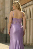 Plus Size Lilac Corset Appliqued Satin Mermaid Prom Dress with Slit