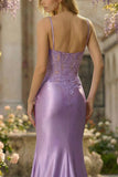 Plus Size Lilac Corset Appliqued Satin Mermaid Prom Dress with Slit